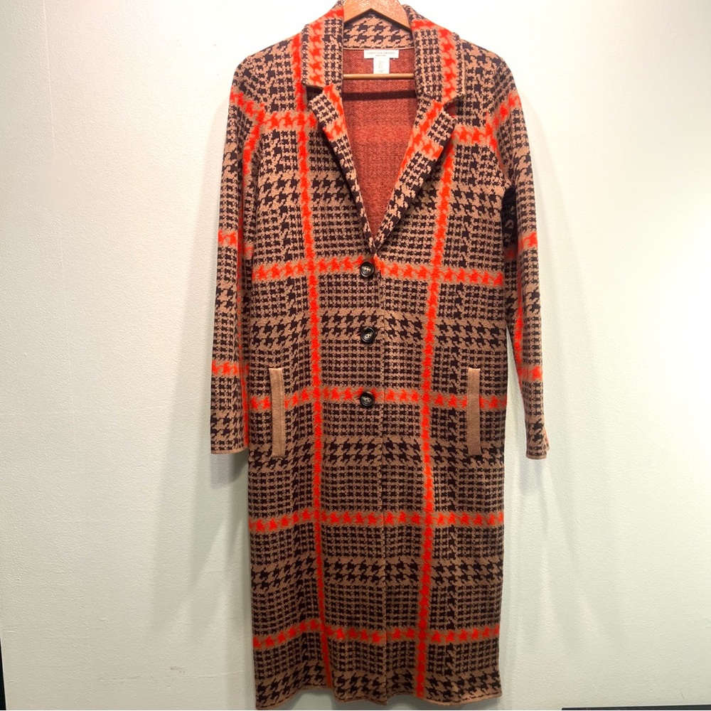 Christian Siriano Houndstooth Red Tan Black Long Knit Sweater Pockets Size Small - Picture 2 of 8